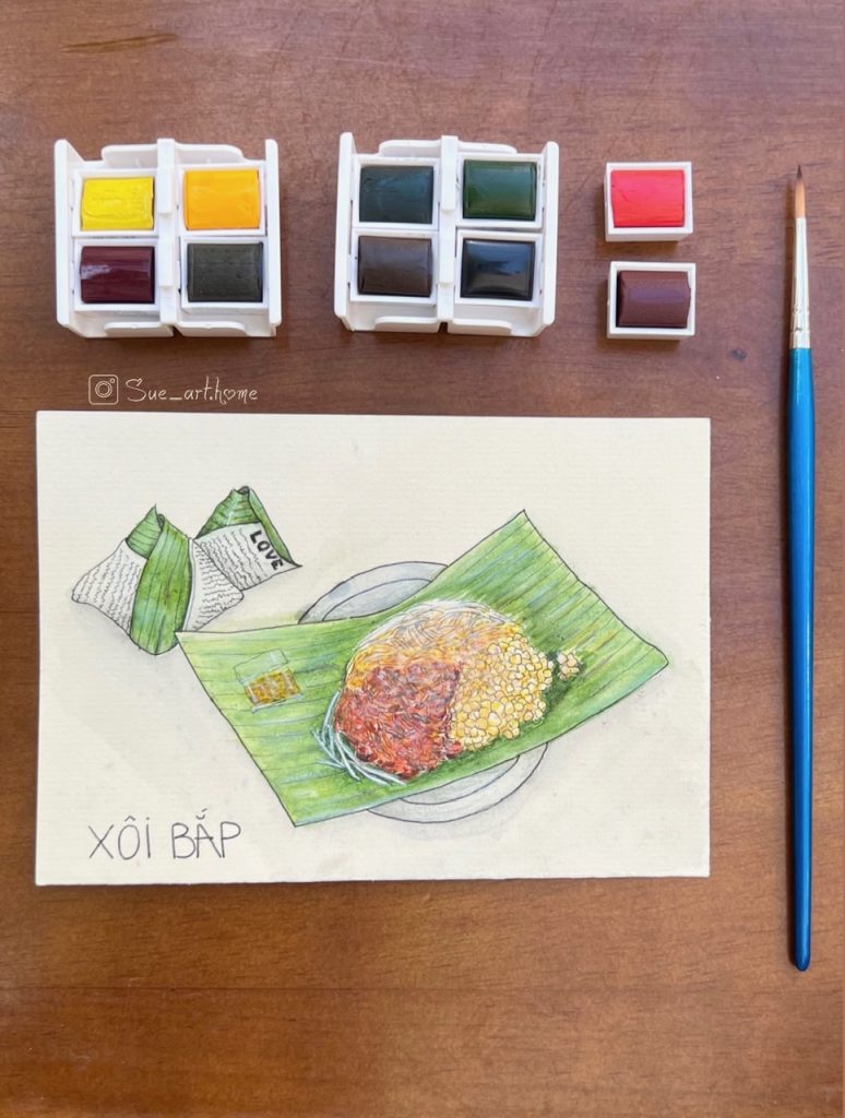 Watercolor Vietnamese Food - Steaming Corn Sticky Rice