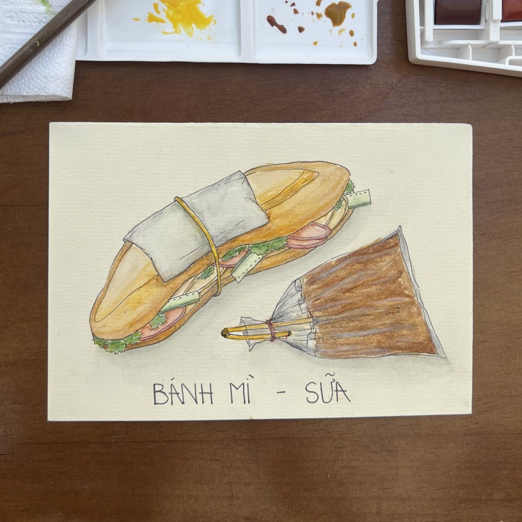 Watercolor Vietnamese Food - Bread & Peanut Milk