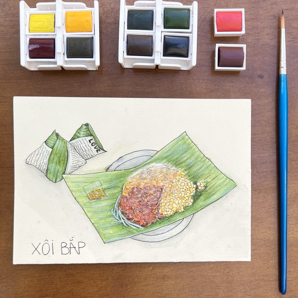 Watercolor Vietnamese Food - Steaming Corn Sticky Rice